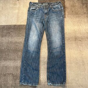 Buffalo Jeans Mens 32 Blue Distressed Bootcut Denim Pants Whiskering Boho